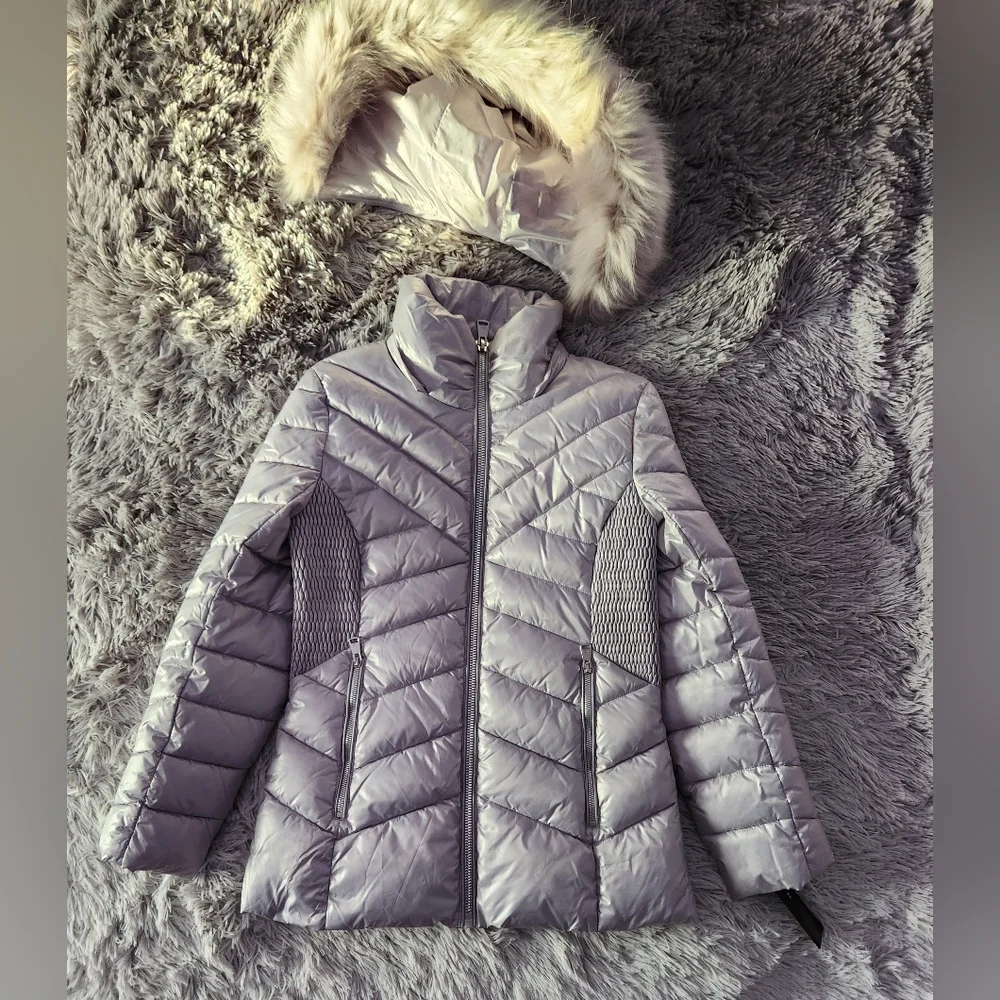 Silver Quilted Puffer Jacket with Faux Fur Hood